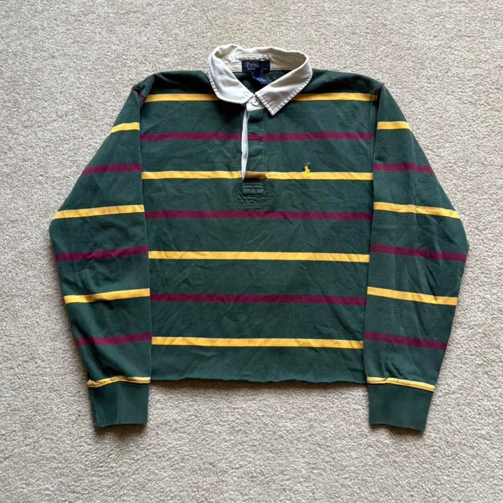 Polo by Ralph Lauren Green Striped Rugby Shirt with Yellow & Burgundy Stripes